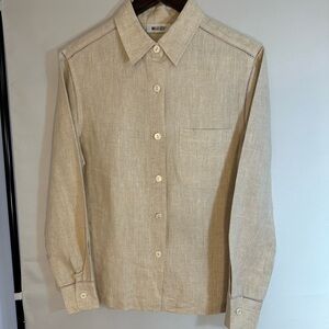 Units Vintage Womens Size M Petite Button Up Long Sleeve 100% Linen Shirt Tan